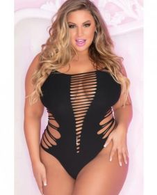 Pink Lipstick Slice &amp; Dice Seamless Bodysuit Black 1X/2X