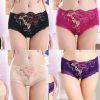 4 Pcs Womens Lace Stretch Sexy Bikini Panties Peony Embroidery Full Briefs Underwear,Beige Black Purple Fuchsia