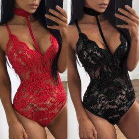 Fashion Women Sheer Lace Floral Leotard Tops Backless Jumpsuit Sexy Lingerie Dress Neck Choker Bodysuit (Color: Black, size: L)