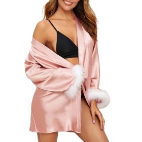 Women's Silky Kimono Robes with Fluff Bridesmaid Bride Satin Bathrobe (Color: PinkL)