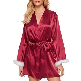 Women's Silky Kimono Robes with Fluff Bridesmaid Bride Satin Bathrobe (Color: RedXL)