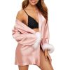 Women's Silky Kimono Robes with Fluff Bridesmaid Bride Satin Bathrobe