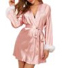 Women's Silky Kimono Robes with Fluff Bridesmaid Bride Satin Bathrobe